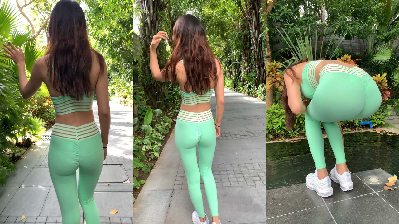 红石旅拍作品 第七篇：萌萌 绿色紧身瑜伽裤
