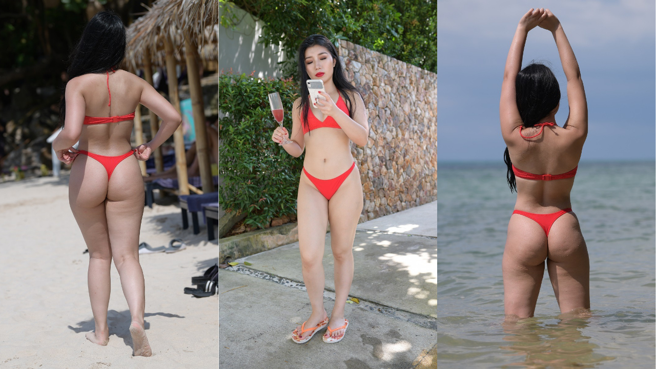 视觉冲击苏梅岛旅拍作品 第五篇:酒红色比基尼